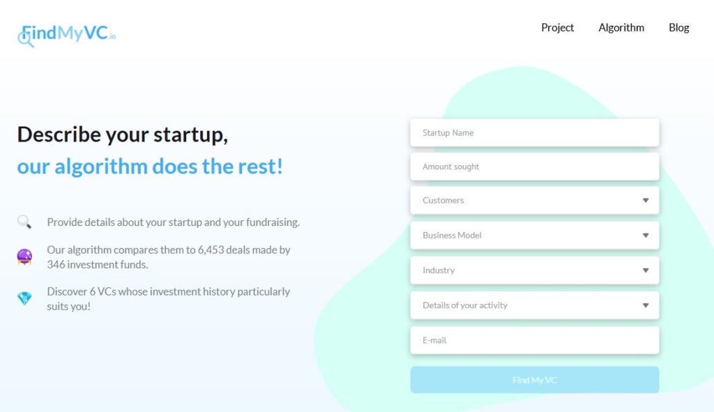 Find My VC interface by Xange, offering personalized investor matching.