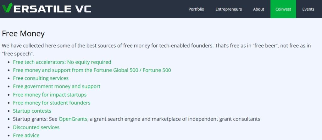 Versatile VC website, offering alternative funding sources for startups.