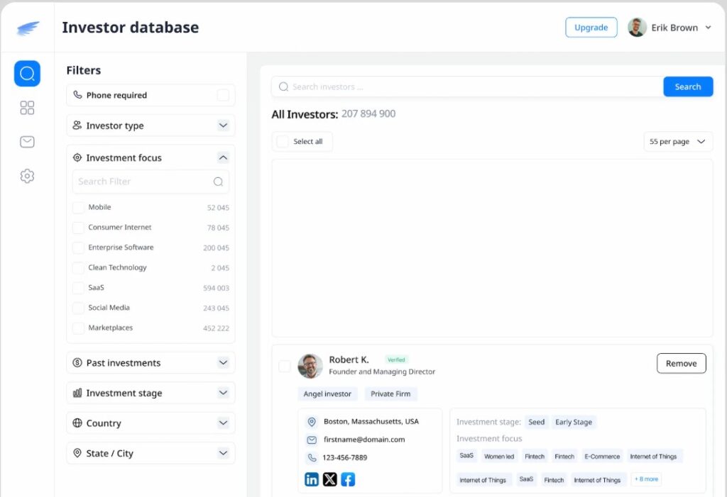 AngelMatch interface, designed for finding and connecting with angel investors.