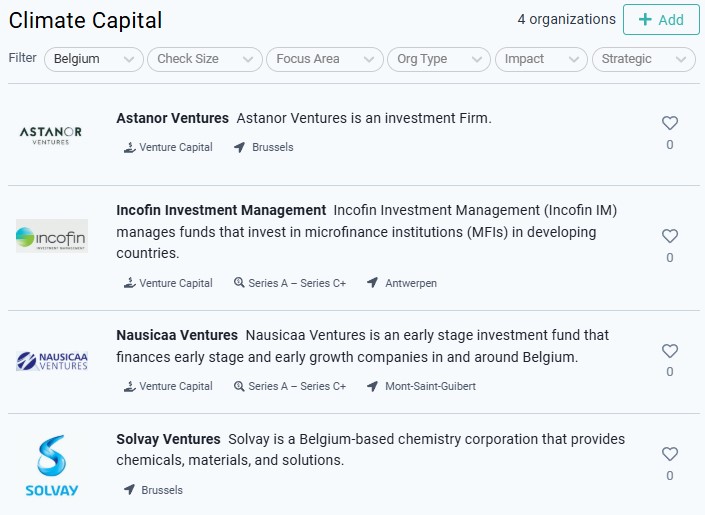 Climatescape interface, displaying funds with a focus on environmental investments.