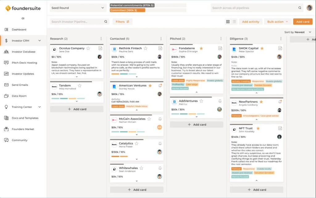 FounderSuite workspace, showing tools for managing fundraising.