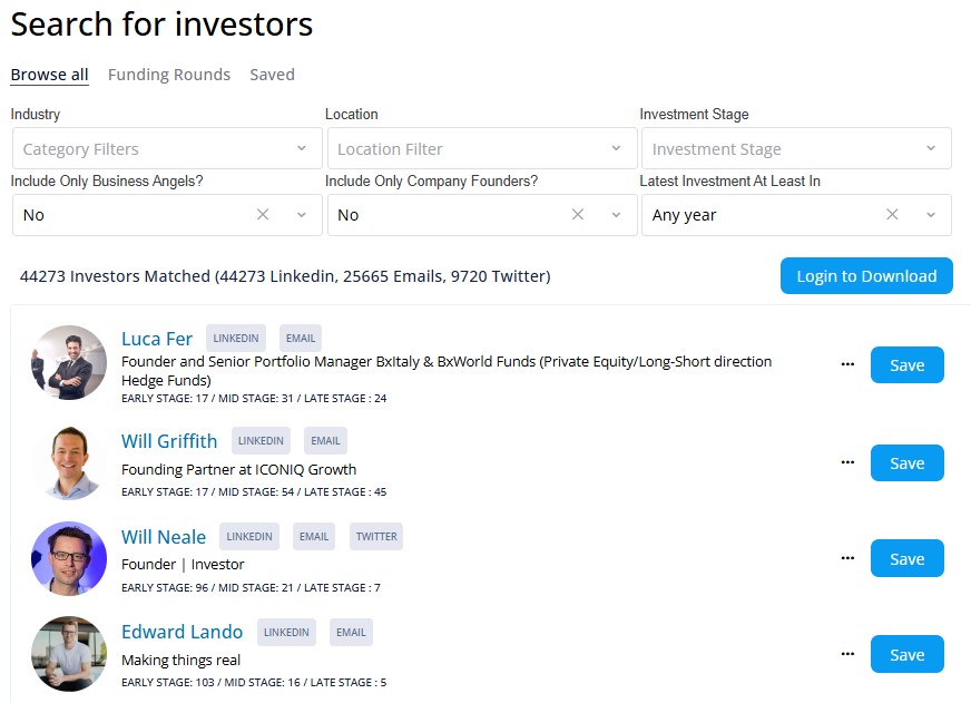 Gritt homepage, offering access to an angel investor database