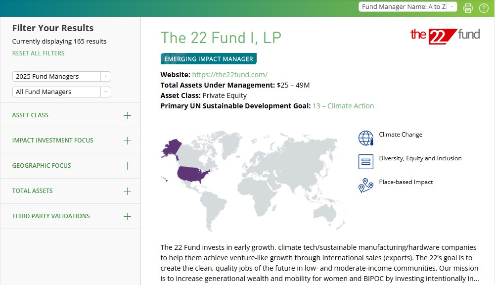 ImpactAssets interface, showing filters for finding funds by impact goals.