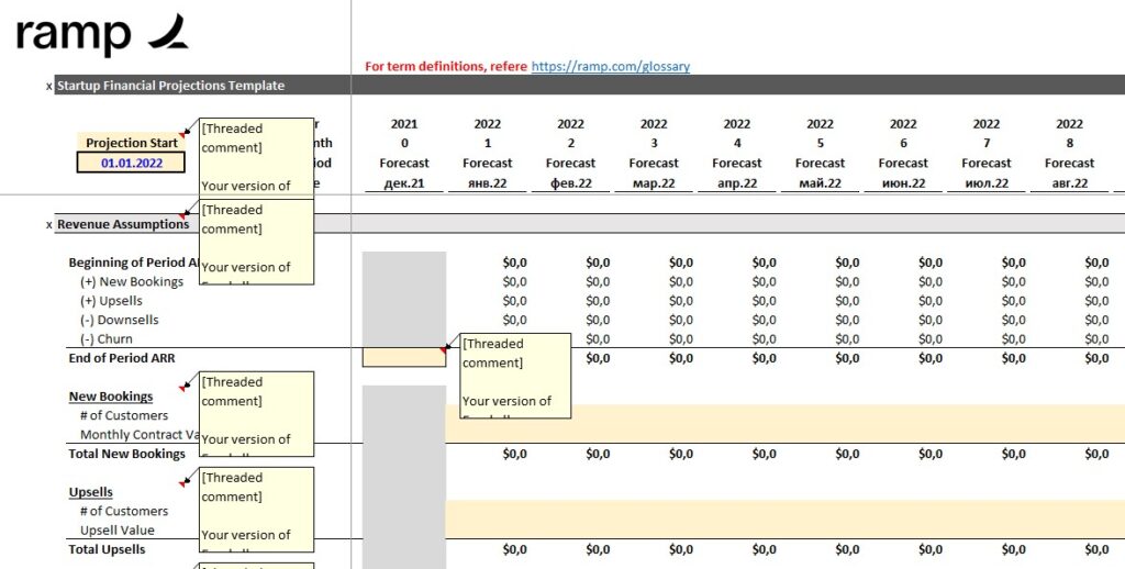 Ramp startup financial model template displaying staff planning, expense management, and cash runway analysis features.