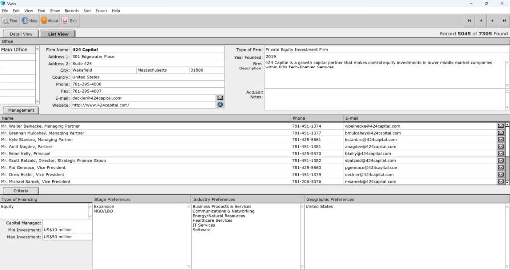 VCPro Database homepage, offering access to detailed fund information.