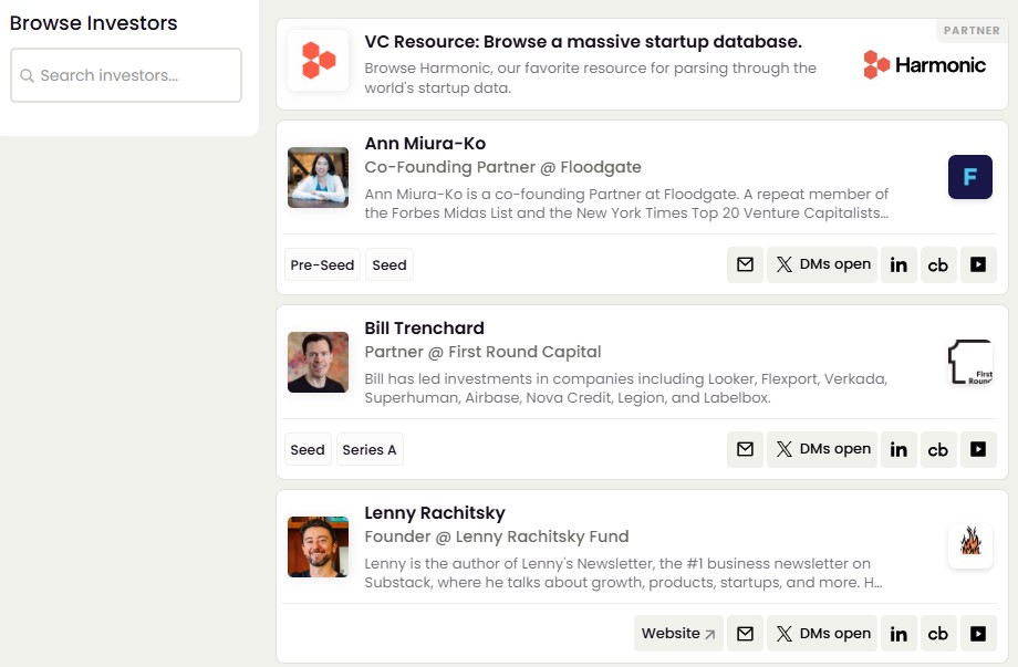 VC Sheet interface, demonstrating a filterable database of venture capital funds.
