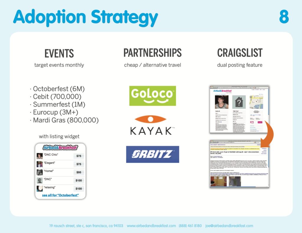 A slide from Airbnb's pitch deck, illustrating its community-driven, event-focused GTM strategy for growth.