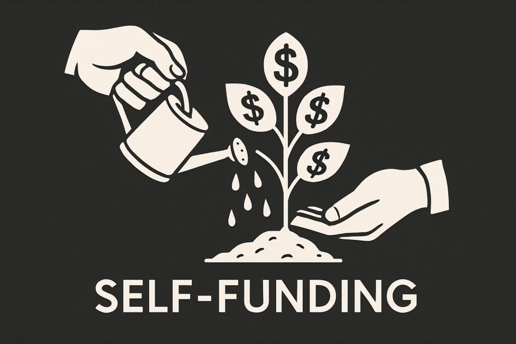 A monochrome vector illustration showing hands watering a small plant with dollar signs, symbolizing self-funded business growth.