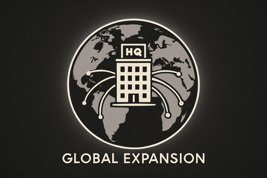 A monochrome vector illustration of a company headquarters on a globe, symbolizing global market expansion.