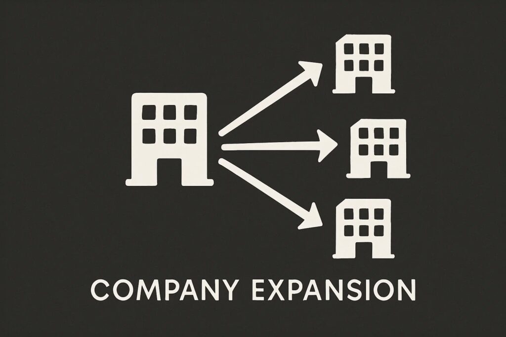 A monochrome vector illustration showing a company icon expanding outward with arrows, symbolizing scaling and market growth.