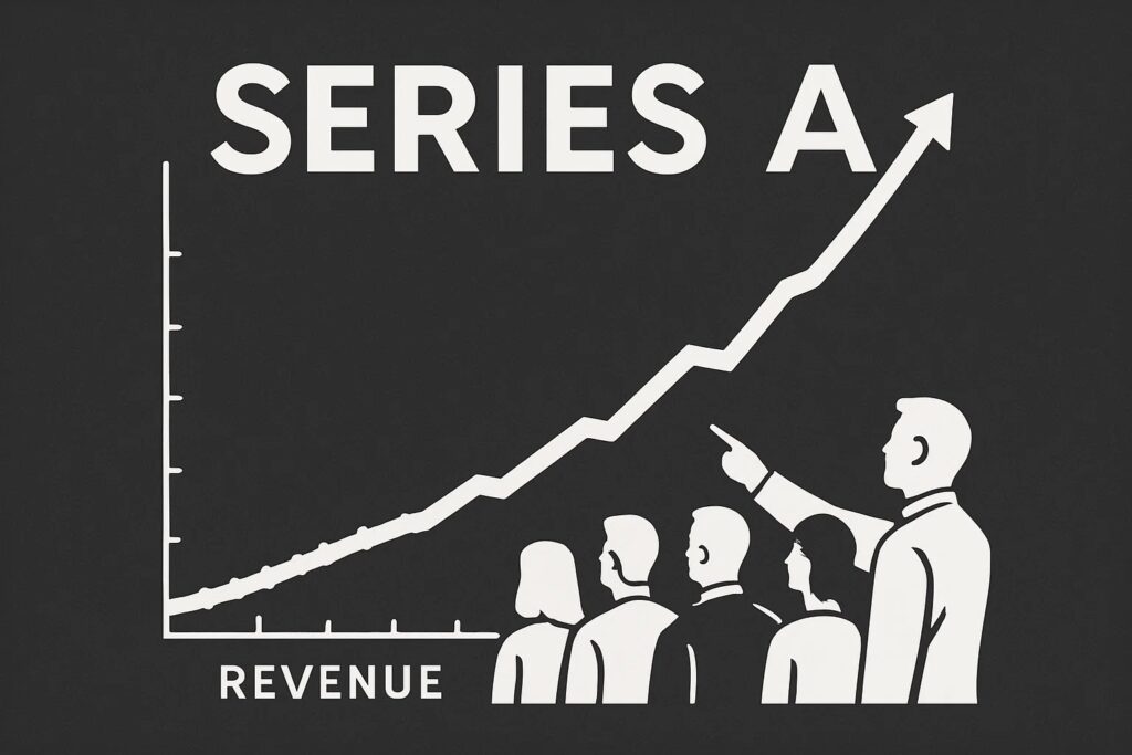 A monochrome vector line graph showing steep revenue growth, with investors observing the data point for Series A funding.